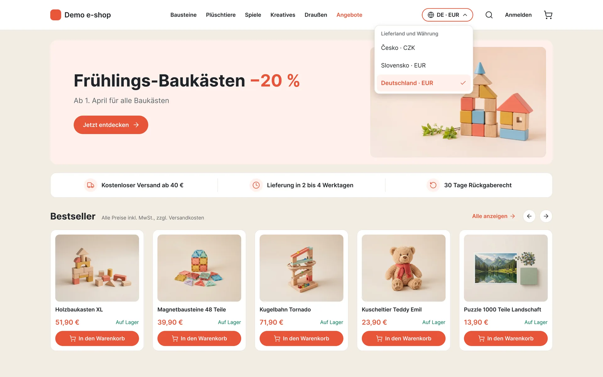 E-shop v němčině s cenami v eurech a přepínačem země (ukázková data)
