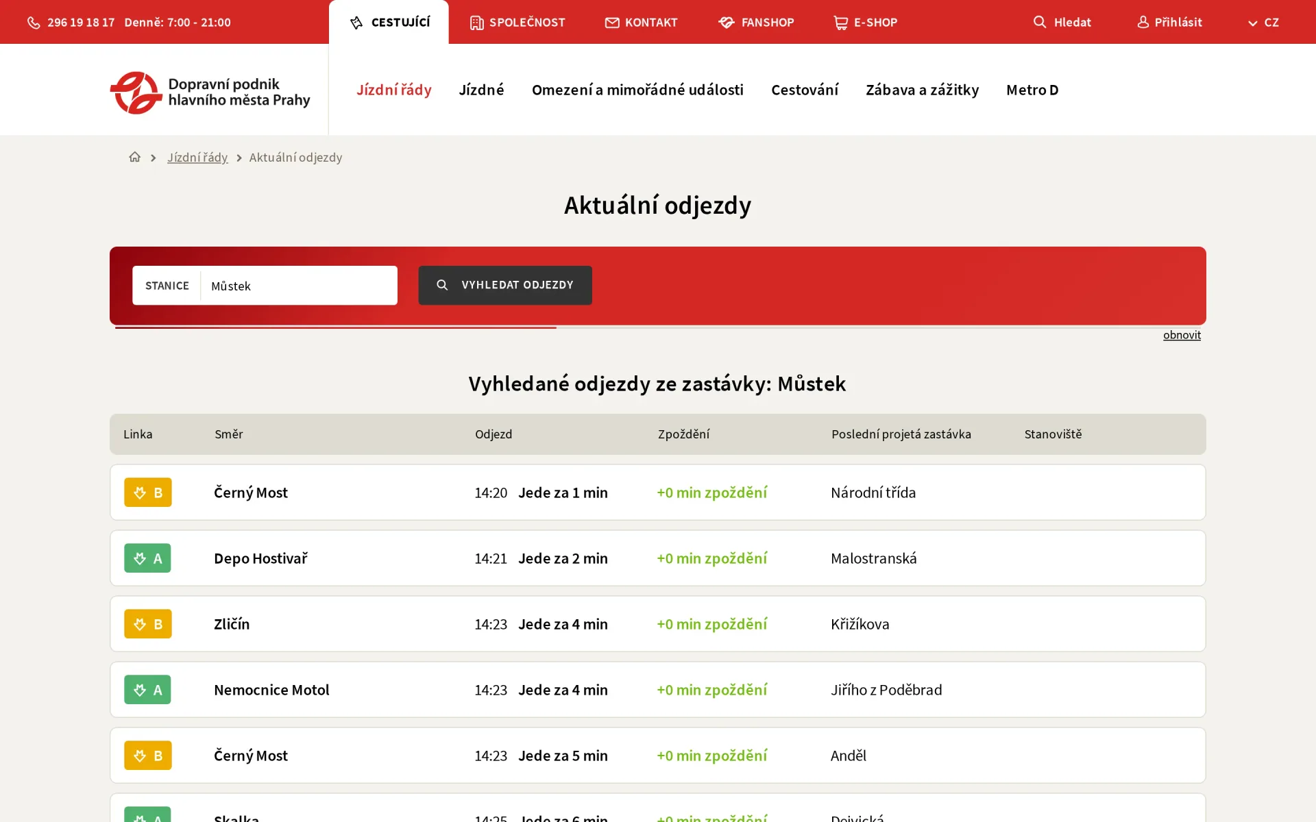 Web Dopravního podniku hl. m. Prahy