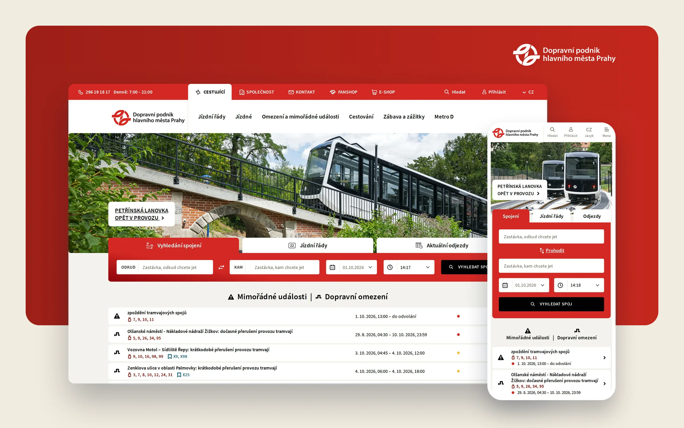 Web Dopravního podniku hl. m. Prahy na počítači a telefonu