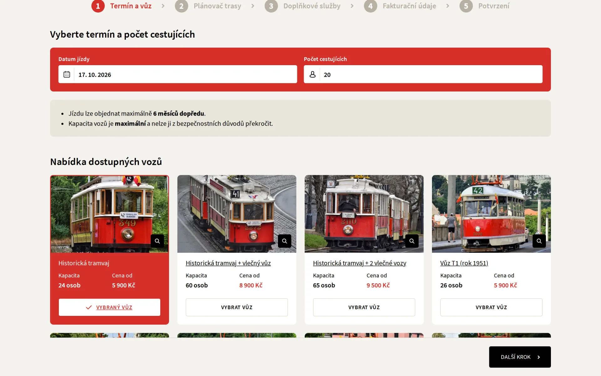 První krok rezervace historické tramvaje: termín, počet cestujících a nabídka dostupných vozů
