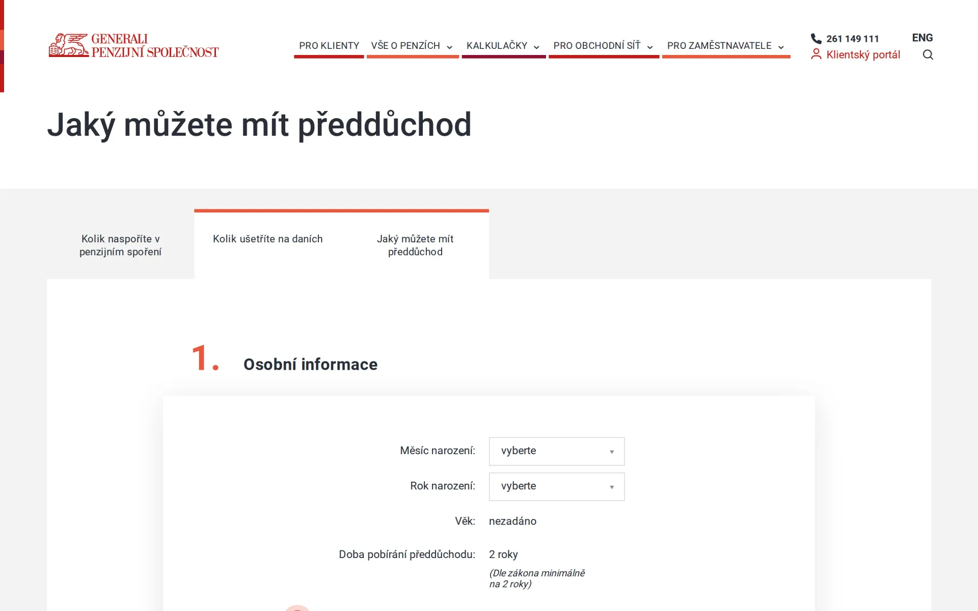 Kalkulačka předdůchodu na webu Generali penzijní společnosti