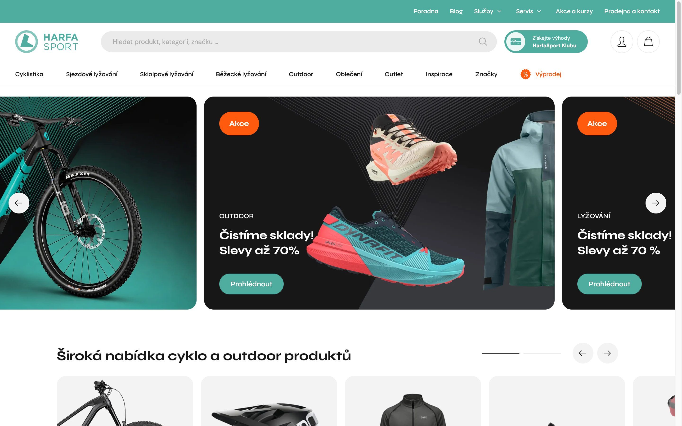 Úvodní stránka e-shopu Harfa Sport, který běží na StoreFront