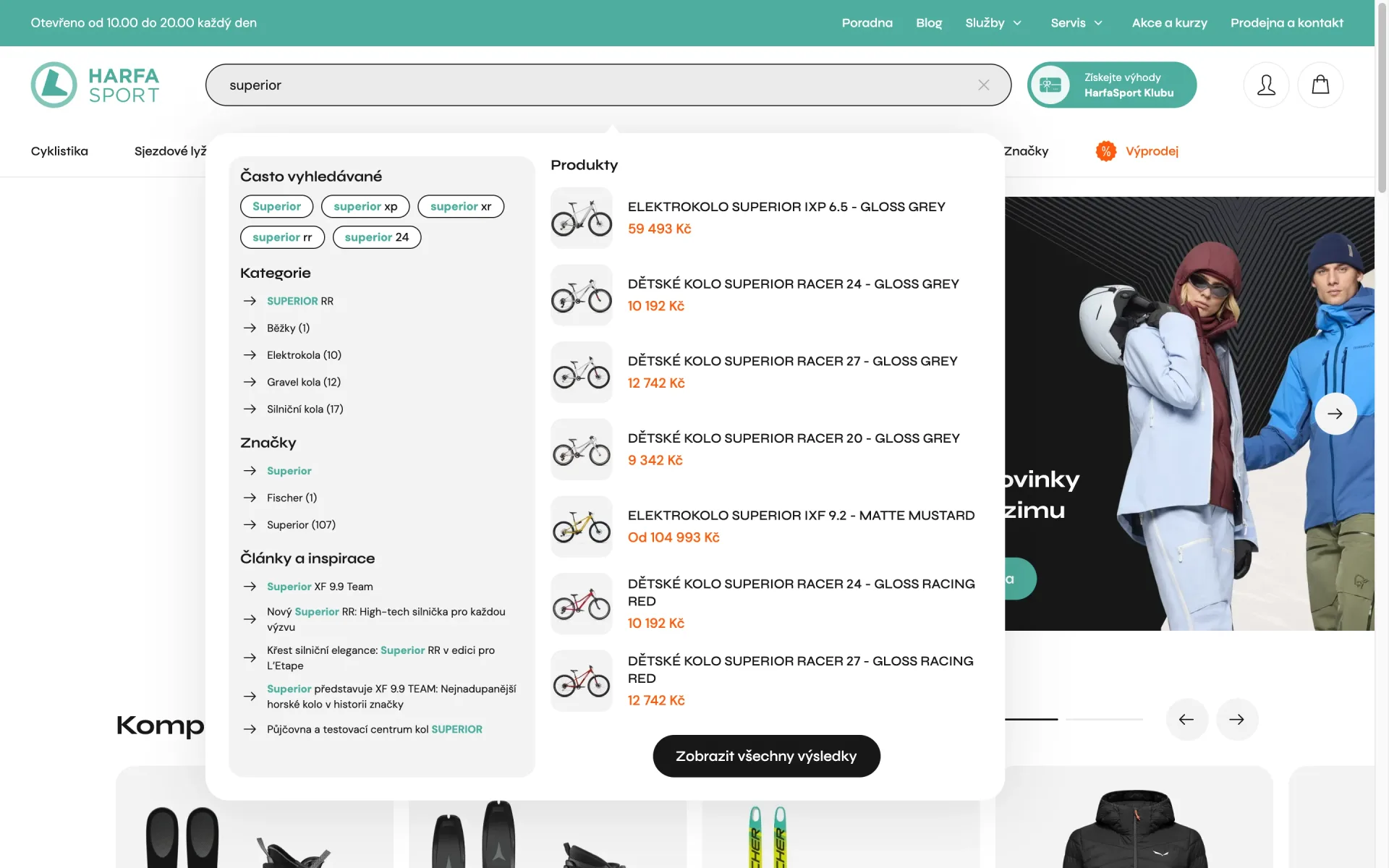 Našeptávač UpSearch na e-shopu Harfa Sport: kategorie, značky, články a produkty po zadání slova superior